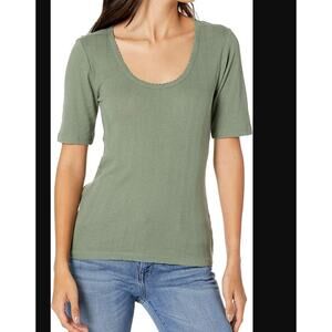 Lucky Brand Short Sleeve Scoop Neck Pointelle Tee Green Laurel Wreath LARGE